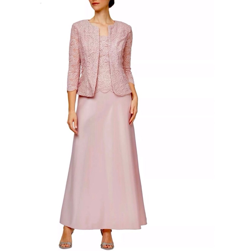 Alex Evenings Embroidered Lace Satin Two Piece Gown with Jacket Pink Size 8